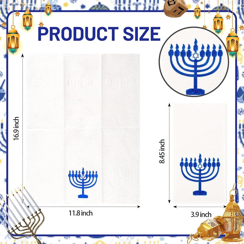 Joyido 50 Pack Hanukkah Napkins - Blue and White Paper Napkins - Heavy Duty Cloth-Like Feel Napkin with Menorah Candles - Disposable Hand Towels for Kitchen Table Bathroom Holiday Decor - Image 3